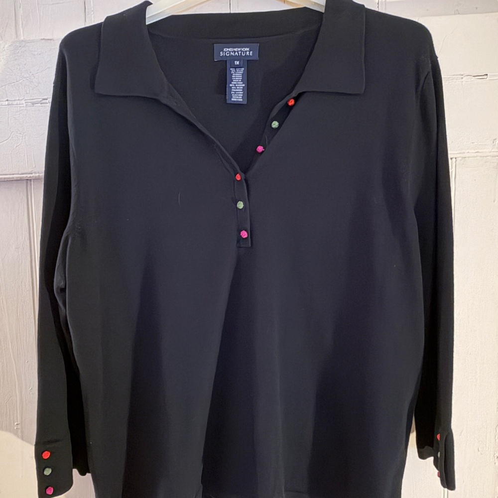 Jones New York Signature Polo Style Cotton Blend Black Sweater size 1X